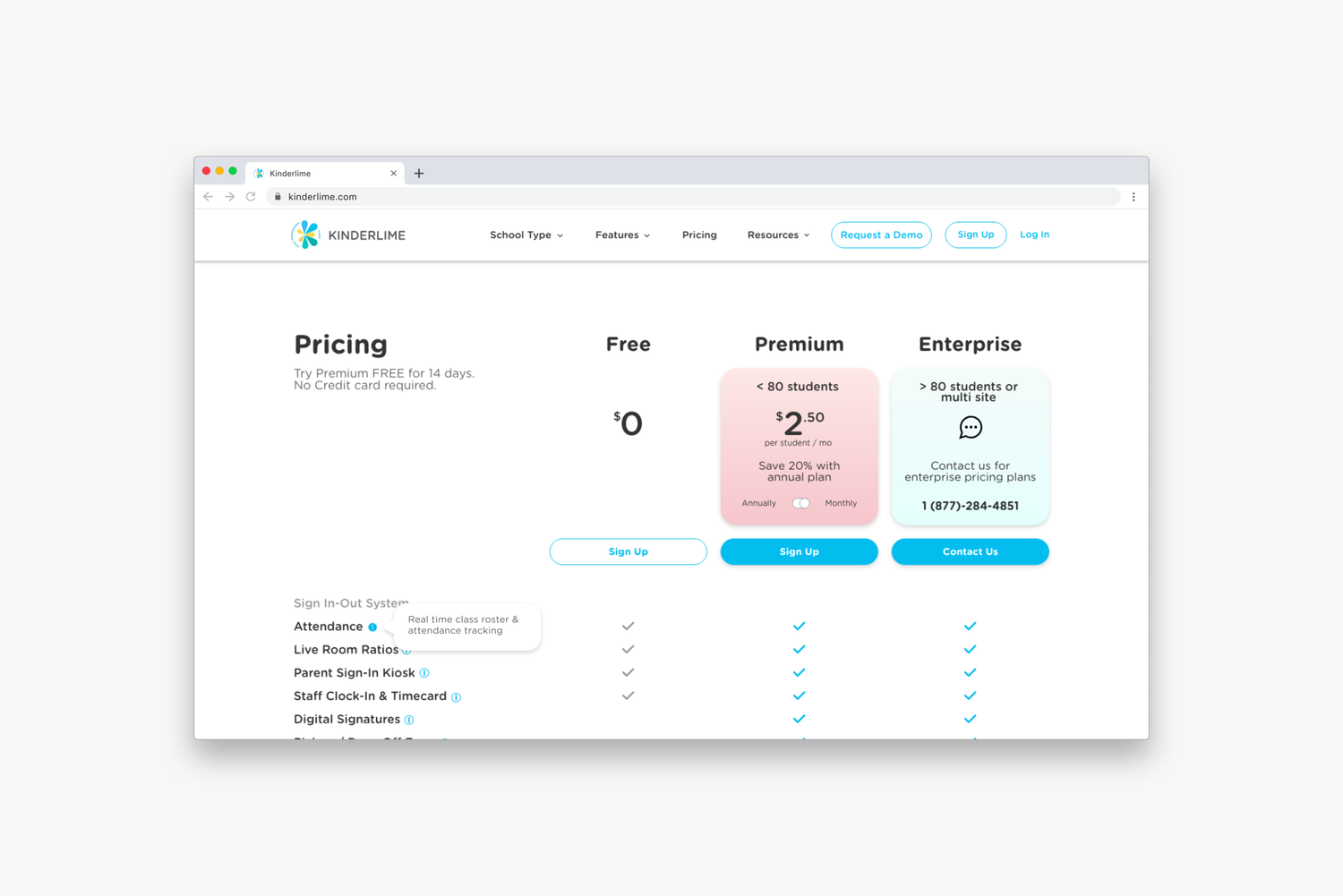 Kinderlime pricing page design